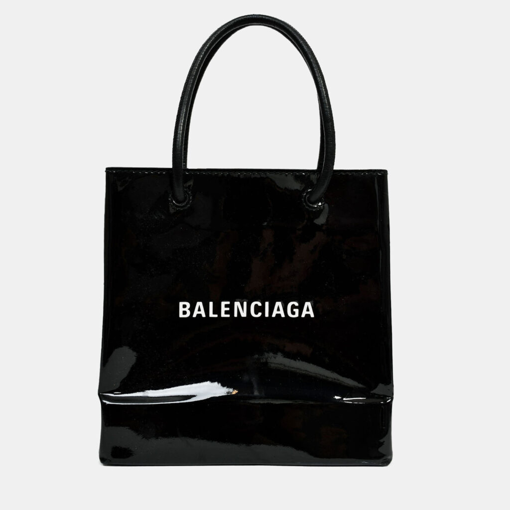 Balenciaga Black Patent Logo XXS Shopping Tote Bag With Strap Balenciaga Black Patent Logo XXS Shopping Tote Bag With Strap