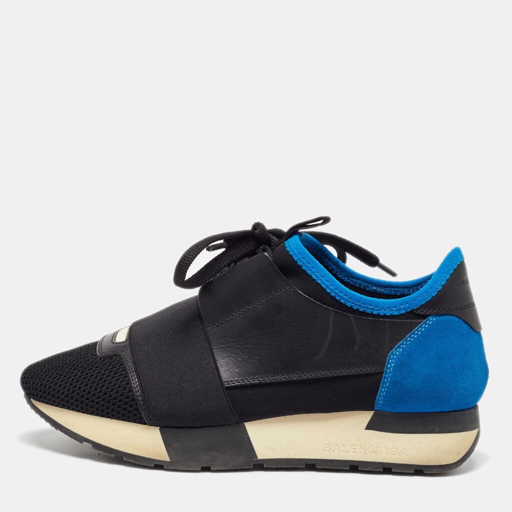 Balenciaga Black/Blue Mesh and Leather Race Runner Sneakers Size 35