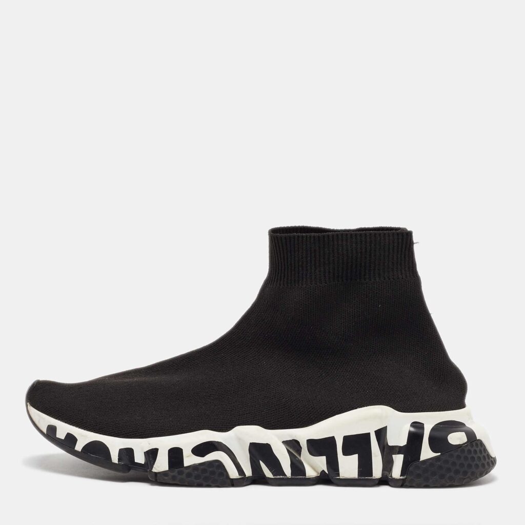 Balenciaga Black Knit Fabric Speed Trainer Slip On High Sneakers Size 39