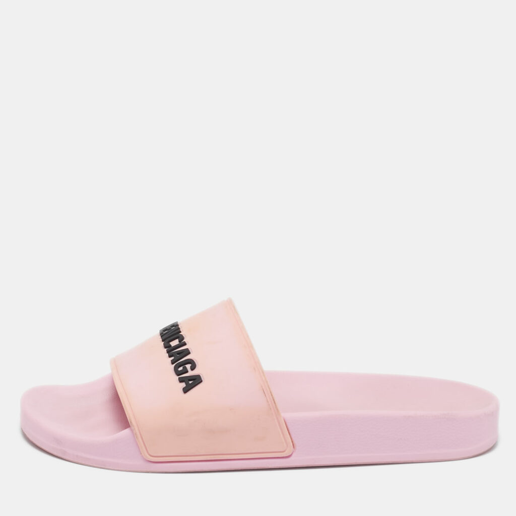 Balenciaga Pink Rubber Logo Embossed Flat Slides Size 39 Balenciaga Pink Rubber Logo Embossed Flat Slides Size 39