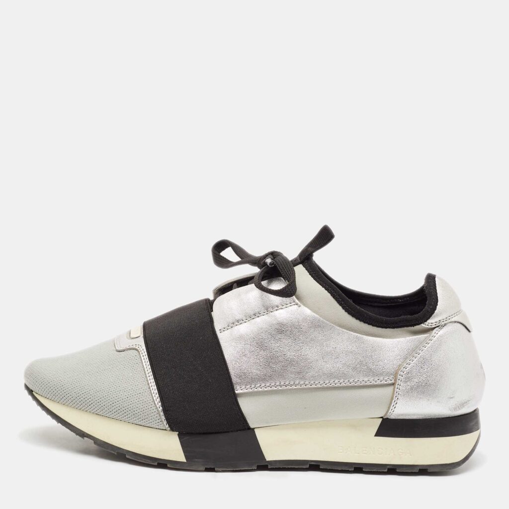 Balenciaga Silver Leather and Knit Fabric Race Runner Low Top Sneakers Size 39 Balenciaga Silver Leather and Knit Fabric Race Runner Low Top Sneakers Size 39