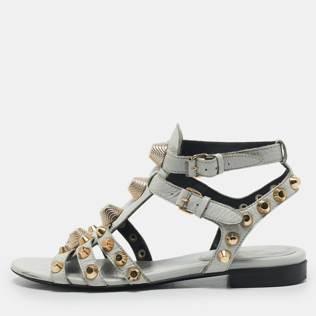 Balenciaga Grey Leather Studded Ankle Strap Flat Sandals Size 37 Balenciaga Grey Leather Studded Ankle Strap Flat Sandals Size 37
