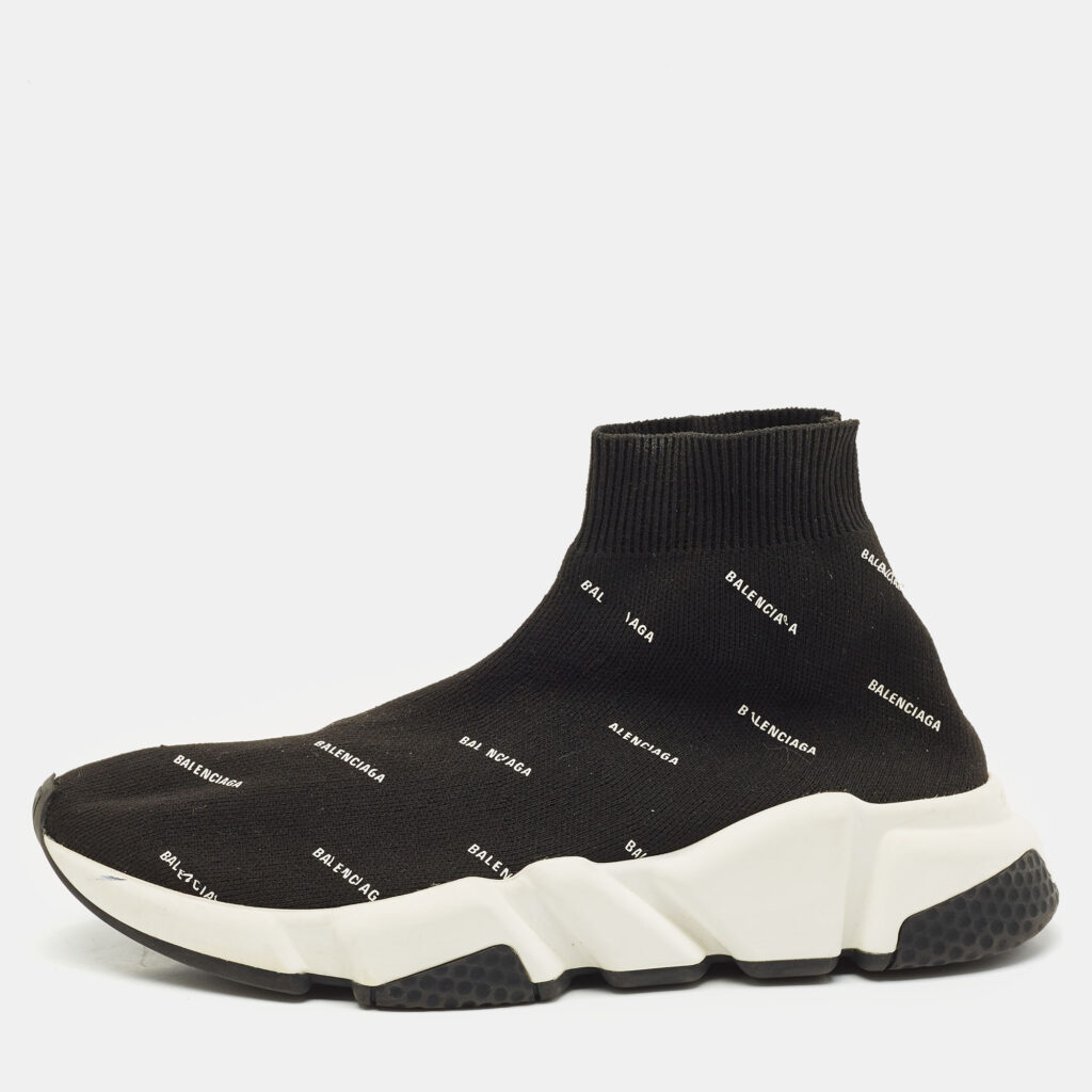Balenciaga Black/White Knit Fabric Allover Logo Speed Trainer Sneakers Size 37 Balenciaga Black/White Knit Fabric Allover Logo Speed Trainer Sneakers Size 37