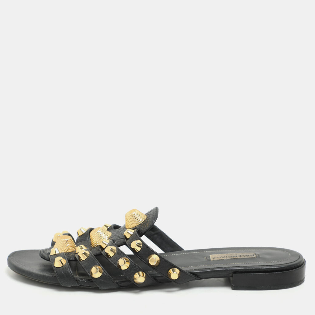 Balenciaga Black Leather Studded Arena Flat Slides Size 39.5