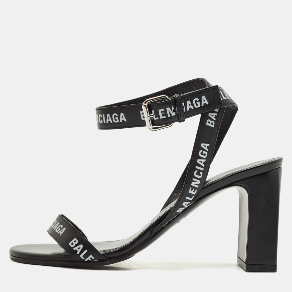 Balenciaga Black Logo Print Leather Ankle Strap Sandals Size 38 Balenciaga Black Logo Print Leather Ankle Strap Sandals Size 38
