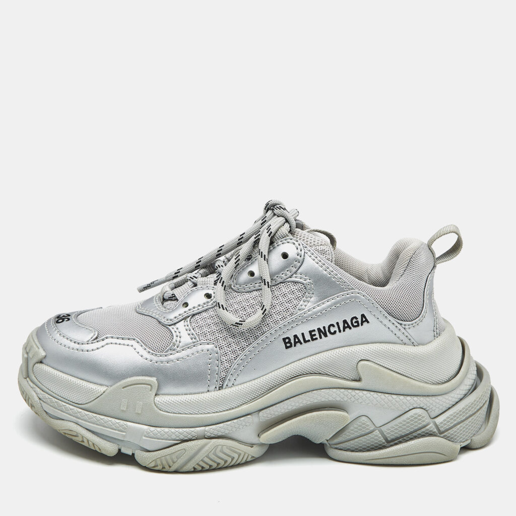 Balenciaga Silver Faux Leather and Mesh Triple S Sneakers Size 36 Balenciaga Silver Faux Leather and Mesh Triple S Sneakers Size 36
