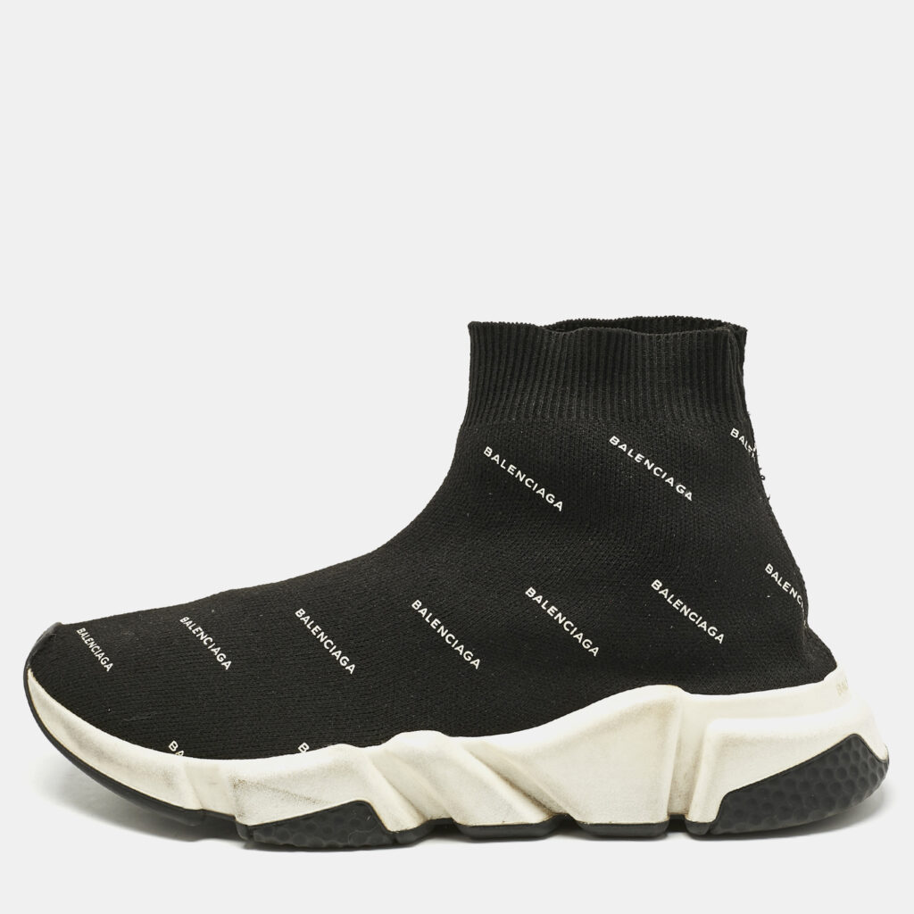 Balenciaga Black/White Knit Fabric Allover Logo Speed Trainer Sneakers Size 39 Balenciaga Black/White Knit Fabric Allover Logo Speed Trainer Sneakers Size 39