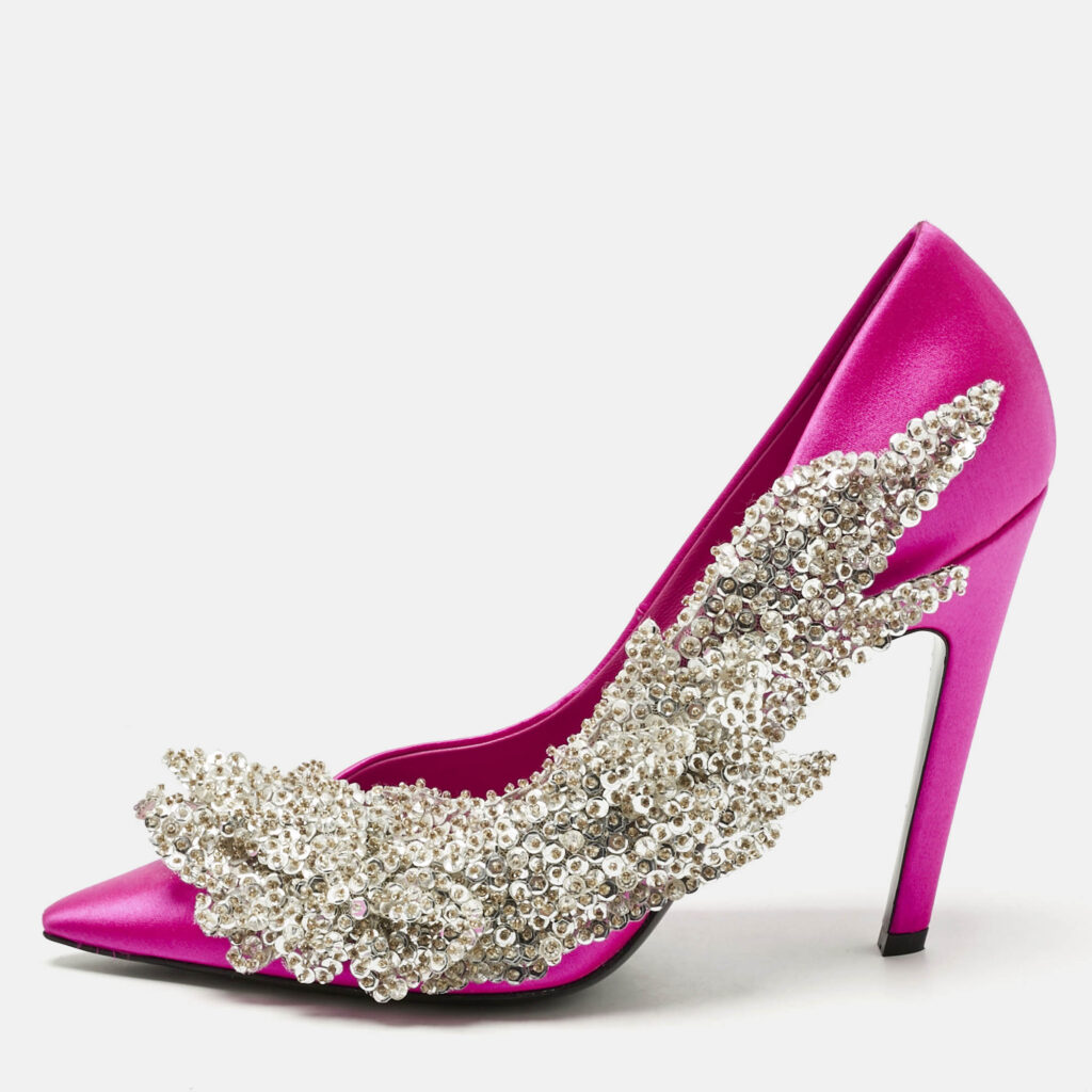 Balenciaga Pink Satin Sequins Embellished Slash Pumps Size 39