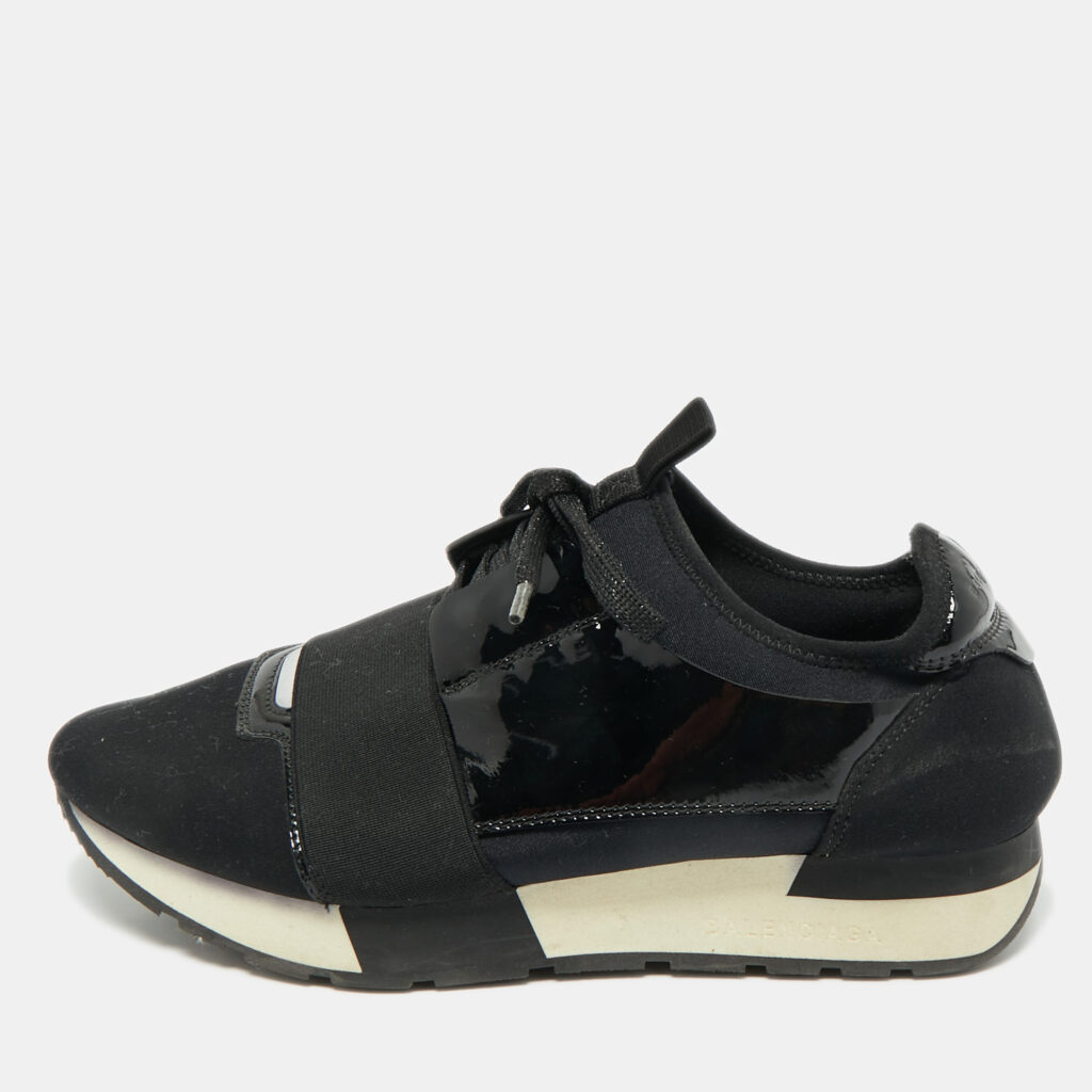 Balenciaga Black Nylon and Patent Leather Race Runner Lace Up Sneakers Size 38