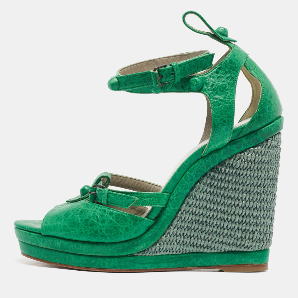 Balenciaga Green Leather Studded Wedge Sandals Size 40