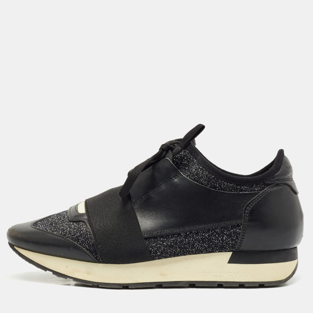 Balenciaga Black/Silver Fabric and Leather Race Runner Lace Up Sneakers Size 38 Balenciaga Black/Silver Fabric and Leather Race Runner Lace Up Sneakers Size 38