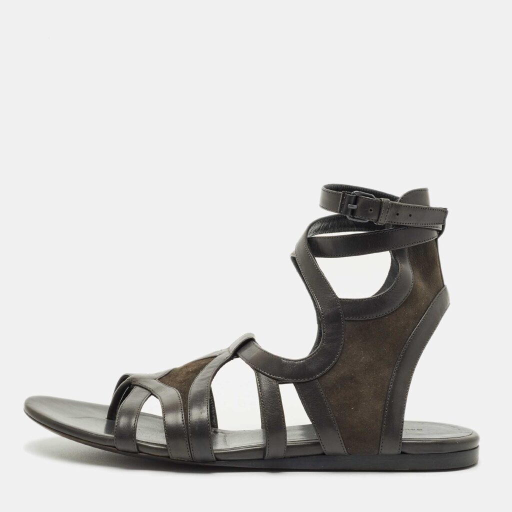 Balenciaga Green Leather and Suede Strappy Flat Sandals Size 40
