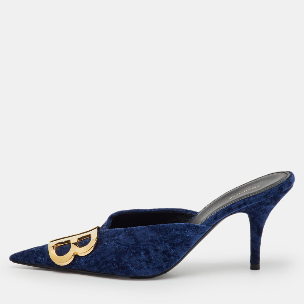 Balenciaga Navy Blue Velvet BB Logo Knife Mules Size 37.5 Balenciaga Navy Blue Velvet BB Logo Knife Mules Size 37.5