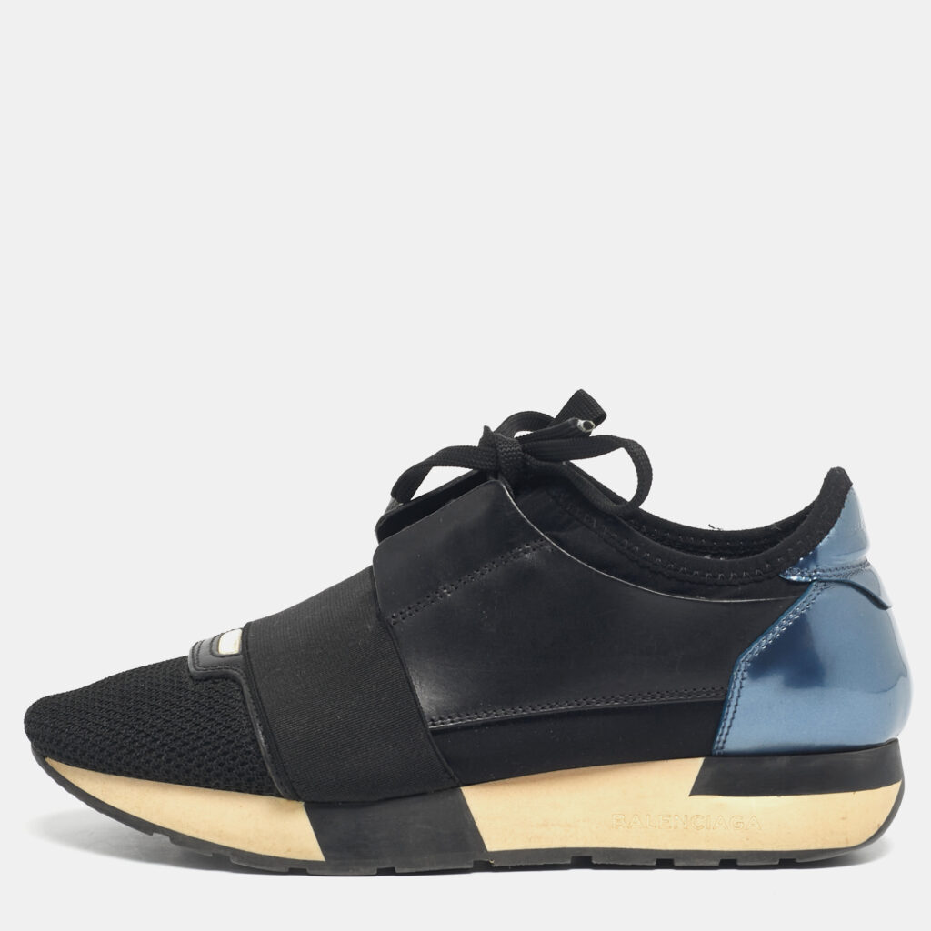 Balenciaga Black/Blue Mesh and Leather Race Runner Low Top Sneakers Size 36 Balenciaga Black/Blue Mesh and Leather Race Runner Low Top Sneakers Size 36