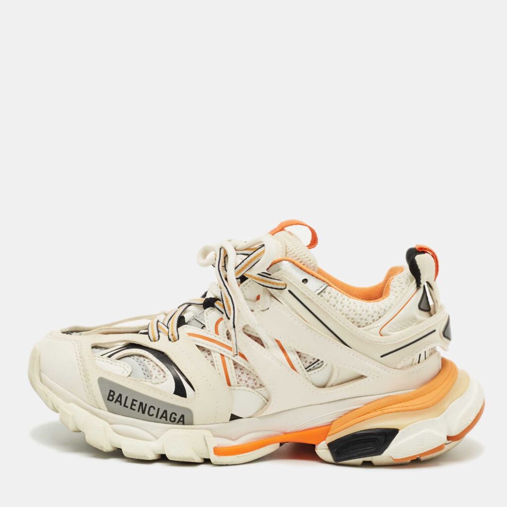 Balenciaga White/Orange Mesh and Faux Leather Track Low Top Sneakers Size 36 Balenciaga White/Orange Mesh and Faux Leather Track Low Top Sneakers Size 36