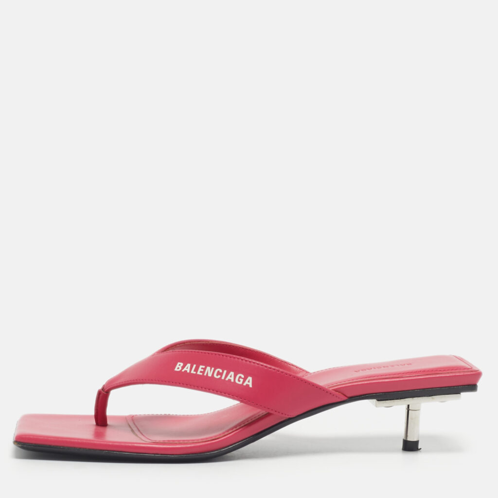 Balenciaga Pink Leather Thong Square Slide Sandals Size 36.5