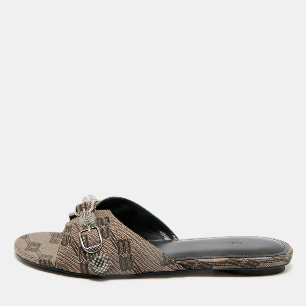 Balenciaga Brown BB Print Canvas Cagole Flat Slides Size 37