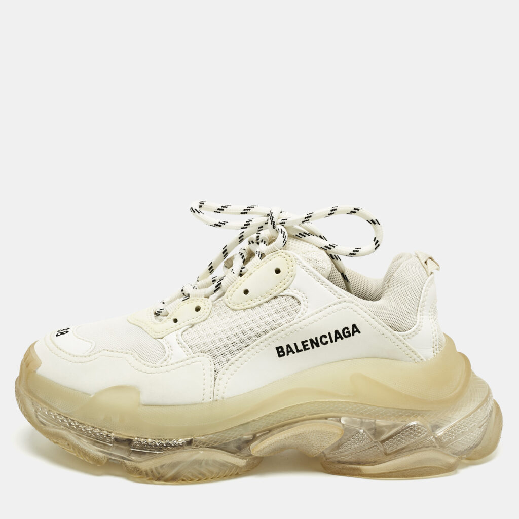 Balenciaga White Faux Leather and Mesh Triple S Sneakers Size 38