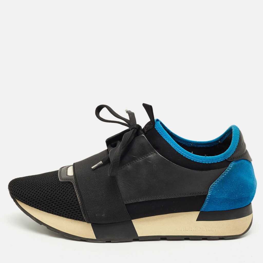 Balenciaga Black/Blue Fabric and Leather Race Runner Low Top Sneakers Size 39 Balenciaga Black/Blue Fabric and Leather Race Runner Low Top Sneakers Size 39