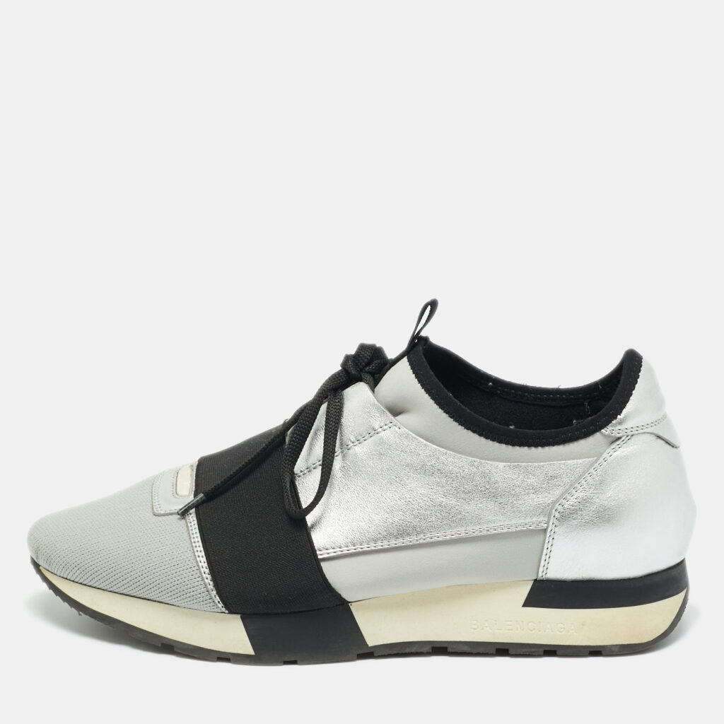 luxury-women-balenciaga-used-shoes-p1224768-001-1.jpg Balenciaga Silver Leather and Mesh Race Runner Low Top Sneakers Size 39