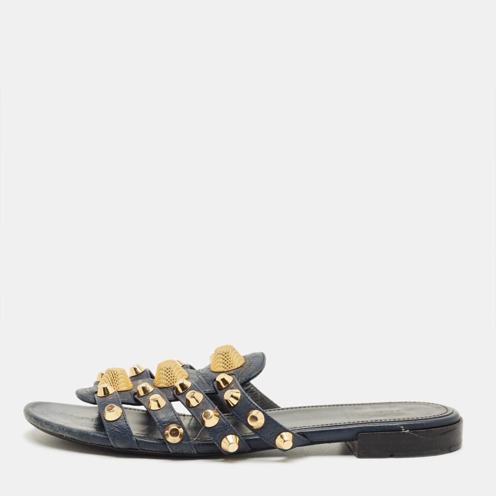 Balenciaga Navy Blue Leather Studded Arena Flat Slides Size 39