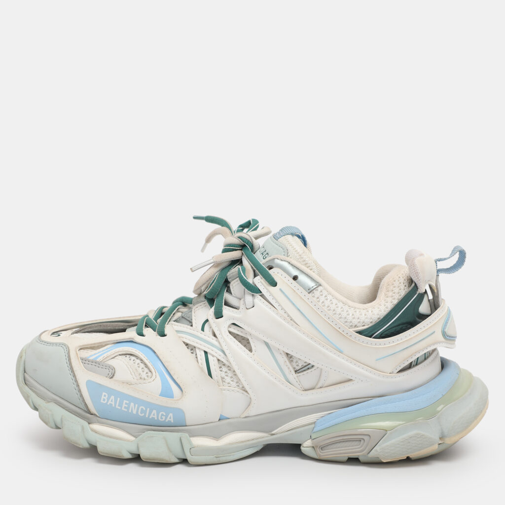 Balenciaga White/Green Mesh and Faux Leather Track Sneakers Size 40