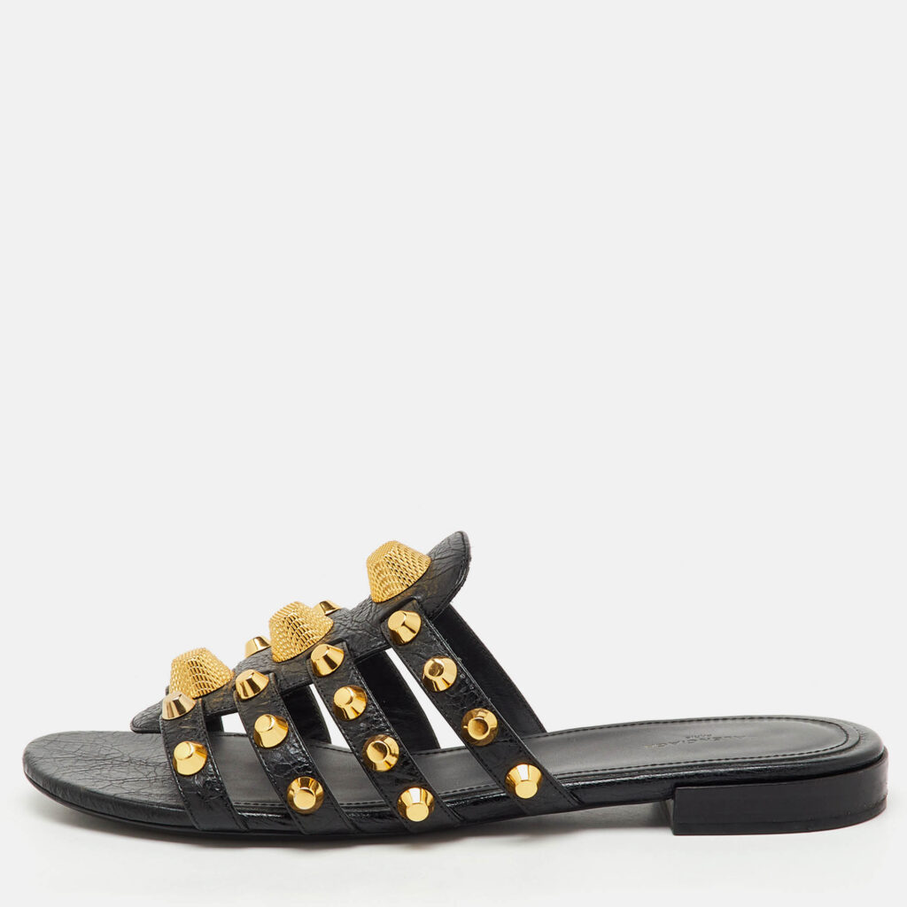 Balenciaga Black Leather Studded Arena Flat Slide Sandals Size 39