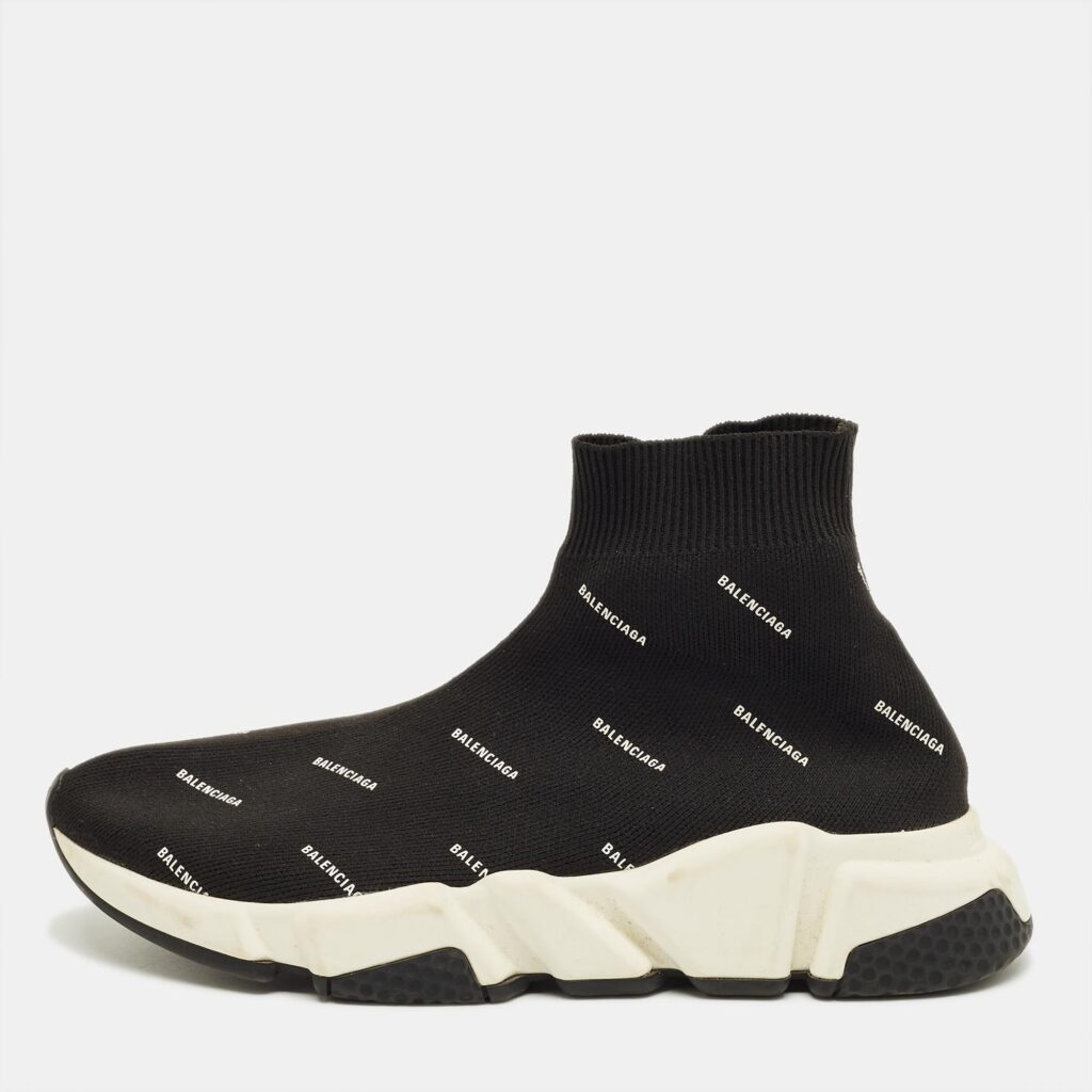 Balenciaga Black/White Knit Fabric Allover Logo Speed Trainer Sneakers Size 37