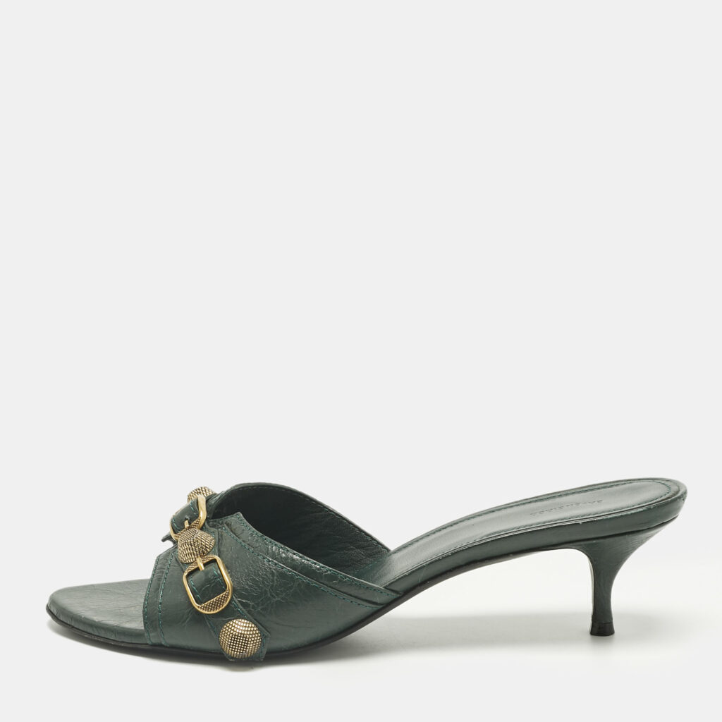 Balenciaga Green Leather Le Cagole Studded Slide Sandals Size 41