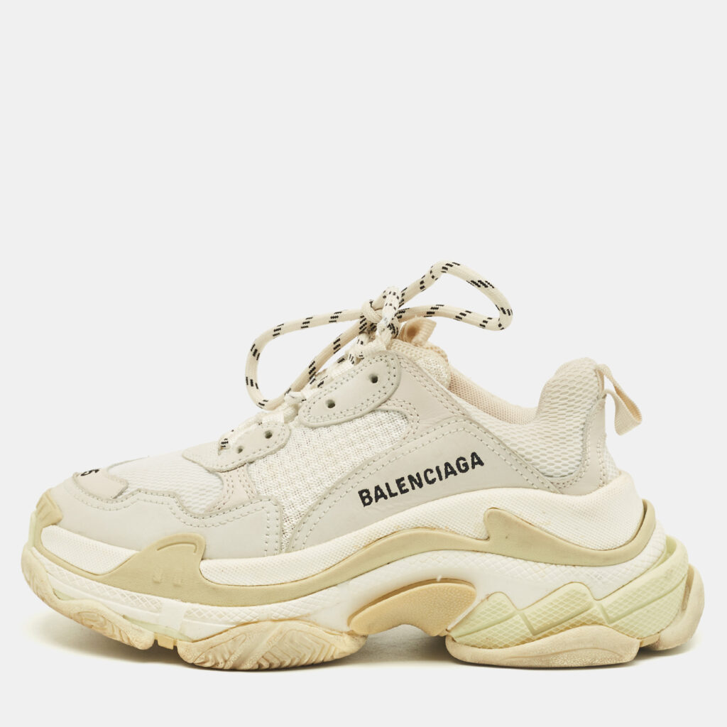 Balenciaga White Leather and Mesh Triple S Sneakers Size 35