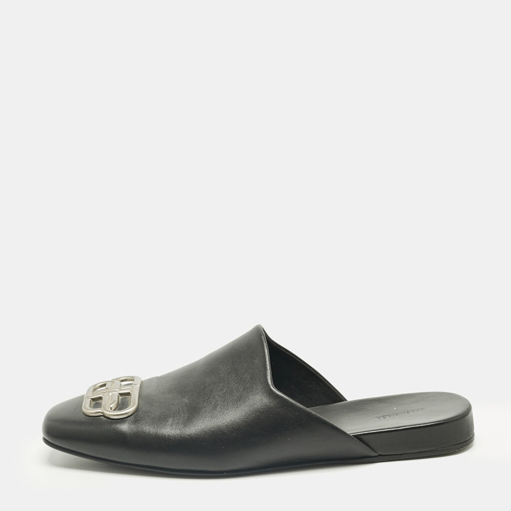 Balenciaga Black Leather Cosy BB Flat Mules Size 41
