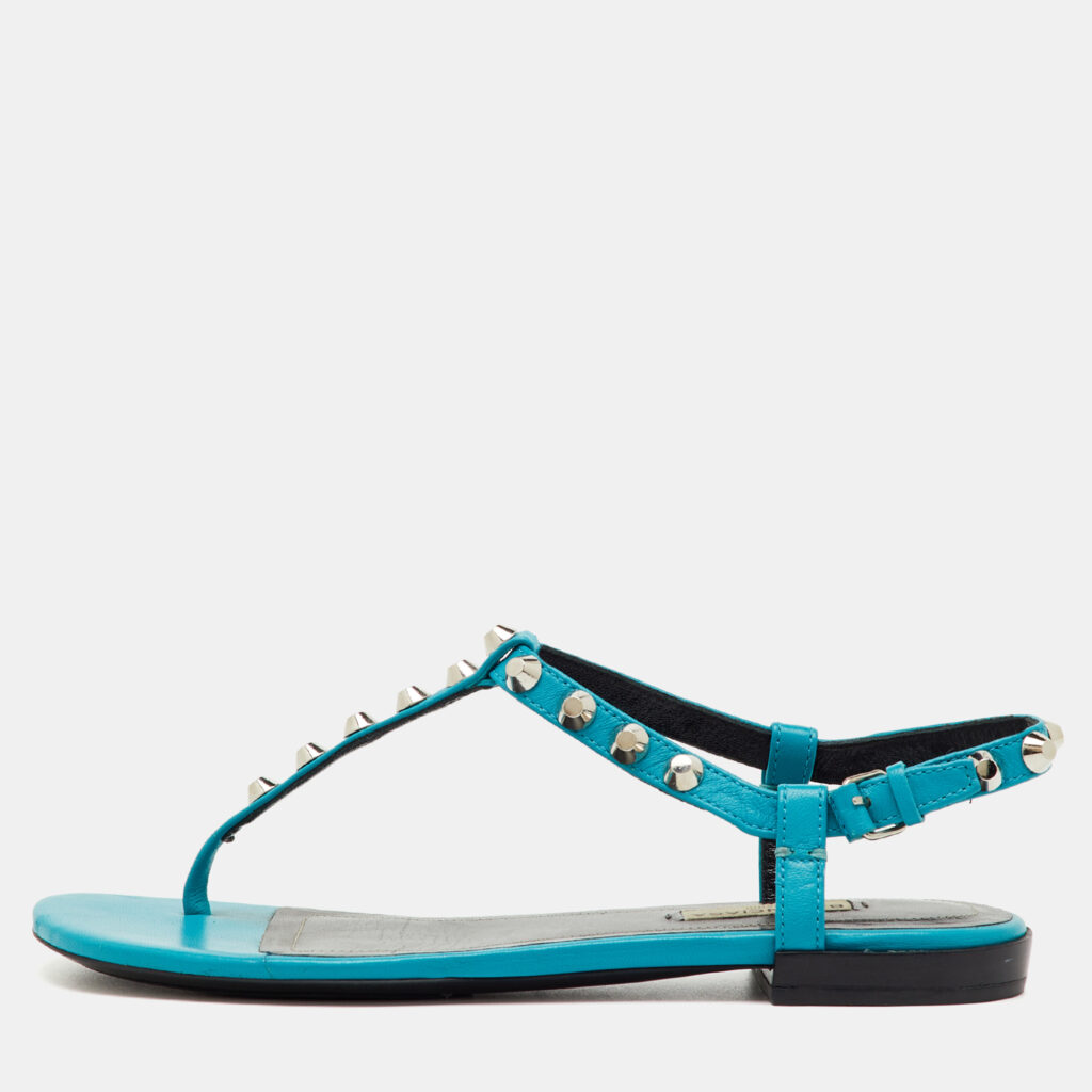 Balenciaga Blue Leather Arena Studded T-Strap Flat Sandals Size 37.5 Balenciaga Blue Leather Arena Studded T-Strap Flat Sandals Size 37.5