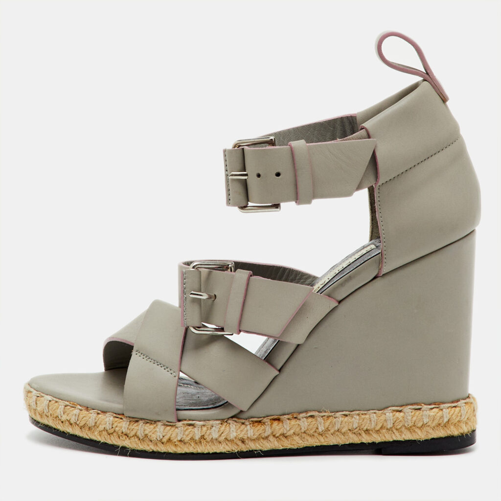 Balenciaga Grey Leather Ankle Strap Espadrille Wedge Sandals Size 35
