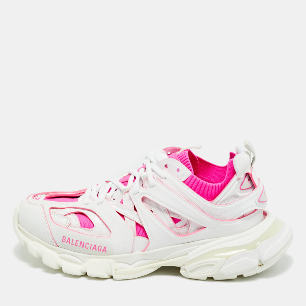 Balenciaga White/Pink Mesh and Faux Leather Track Sneakers Size 38 Balenciaga White/Pink Mesh and Faux Leather Track Sneakers Size 38
