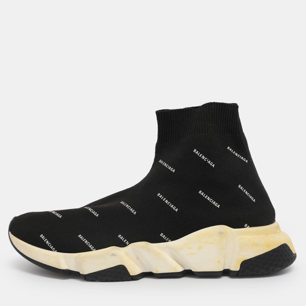 Balenciaga Logo Print Speed Size 39 Black Knit Fabric High Top Sneakers