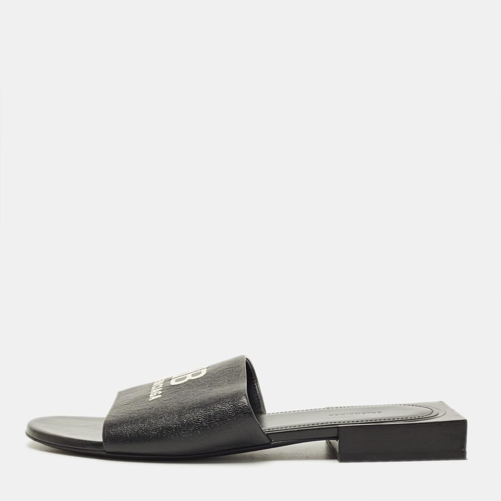Balenciaga Size 36 Black Leather Logo Box Flat Slide Balenciaga Size 36 Black Leather Logo Box Flat Slide