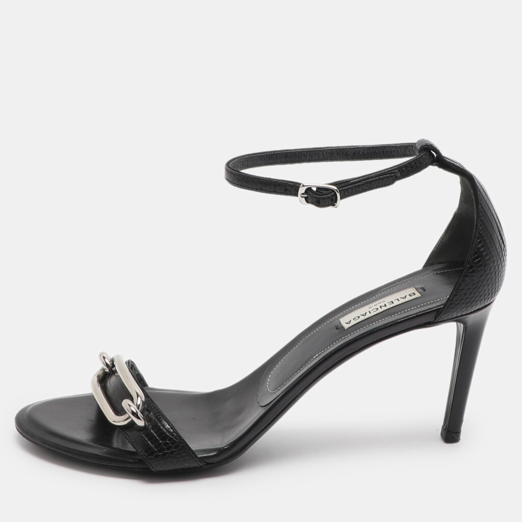 Balenciaga Maillon Size 38.5 Black Lizard Leather Ankle Strap Sandals