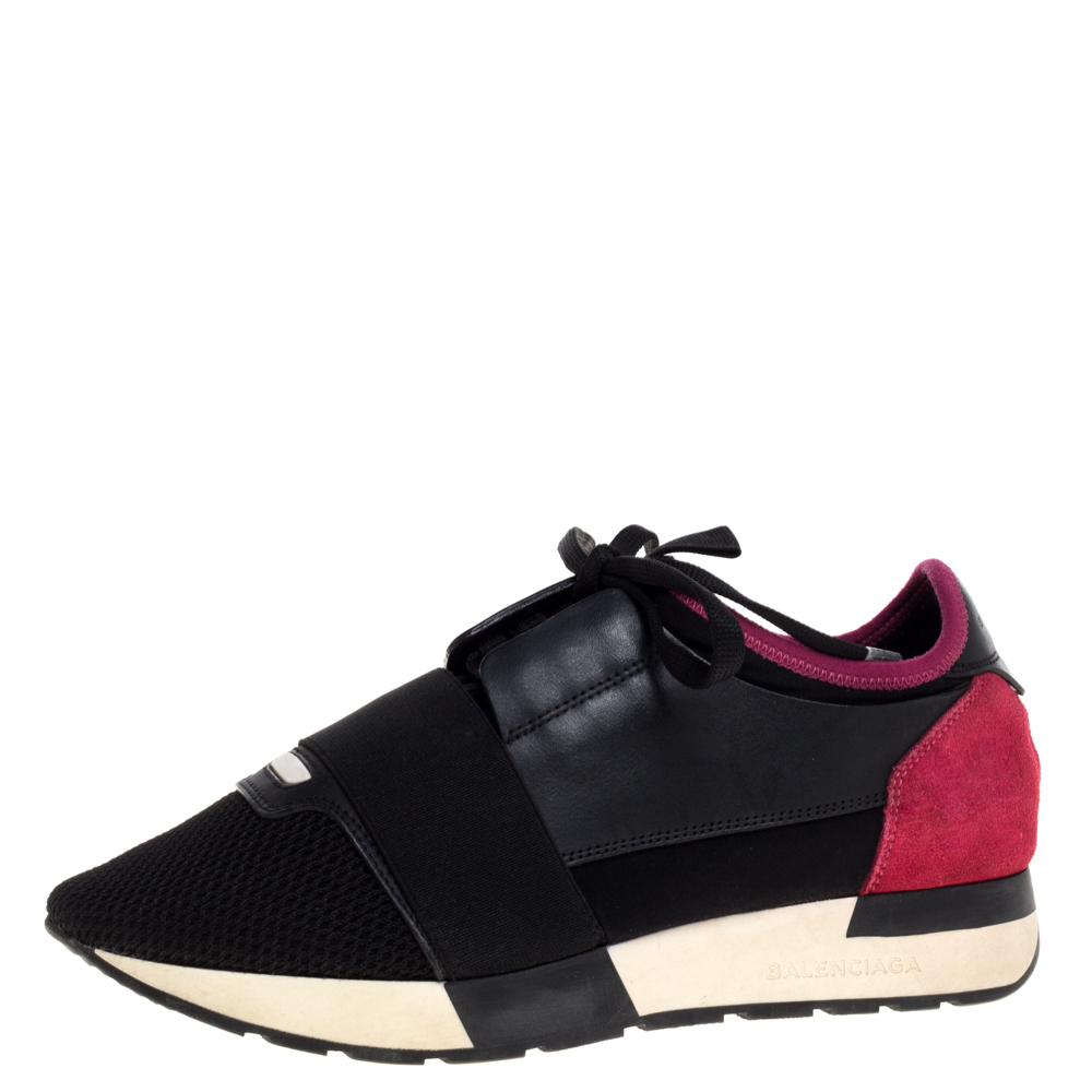 Balenciaga Black/Pink Leather And Mesh Race Runner Low Top Sneakers Size 37
