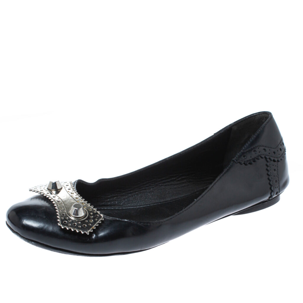 Balenciaga Black Brogue Glossy Leather Metal Arena Ballet Flats Size 36 Balenciaga Black Brogue Glossy Leather Metal Arena Ballet Flats Size 36