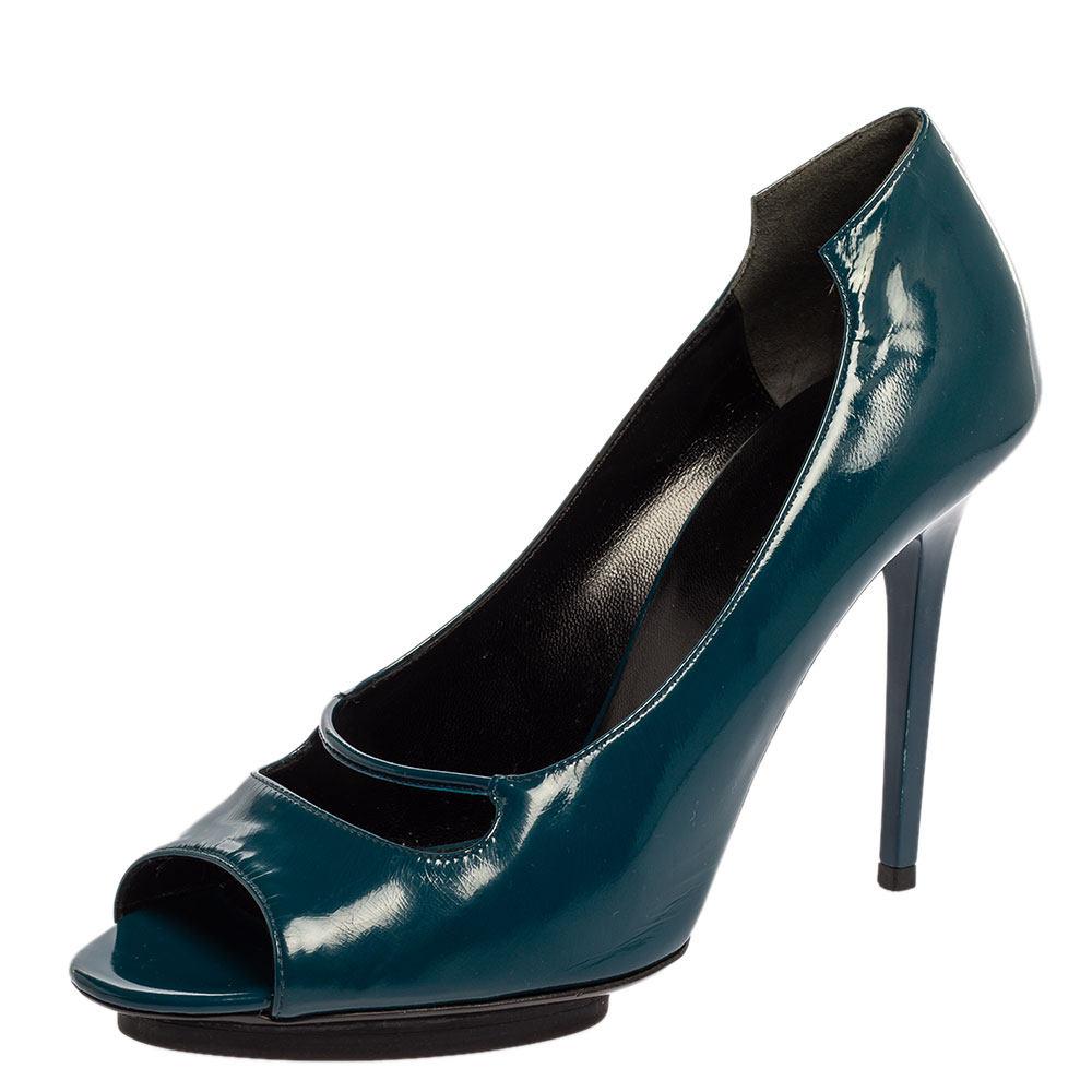 Balenciaga Peacock Blue Patent Leather Peep Toe Pumps Size 39.5 Balenciaga Peacock Blue Patent Leather Peep Toe Pumps Size 39.5