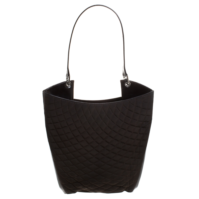 Bally Dark Brown Quilted Nylon and Patent Leather Hobo Bally Dark Brown Quilted Nylon and Patent Leather Hobo