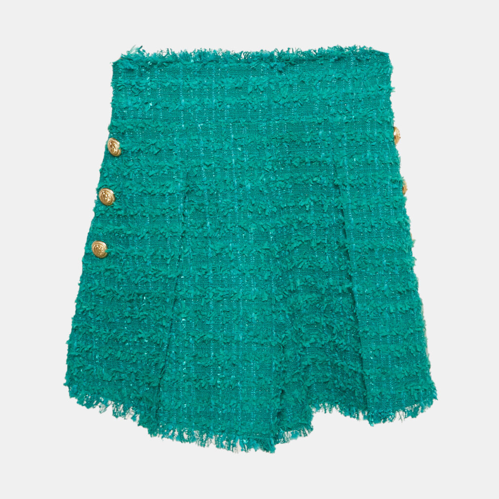 Balmain Green Tweed Button Detail High Rise Shorts S Balmain Green Tweed Button Detail High Rise Shorts S