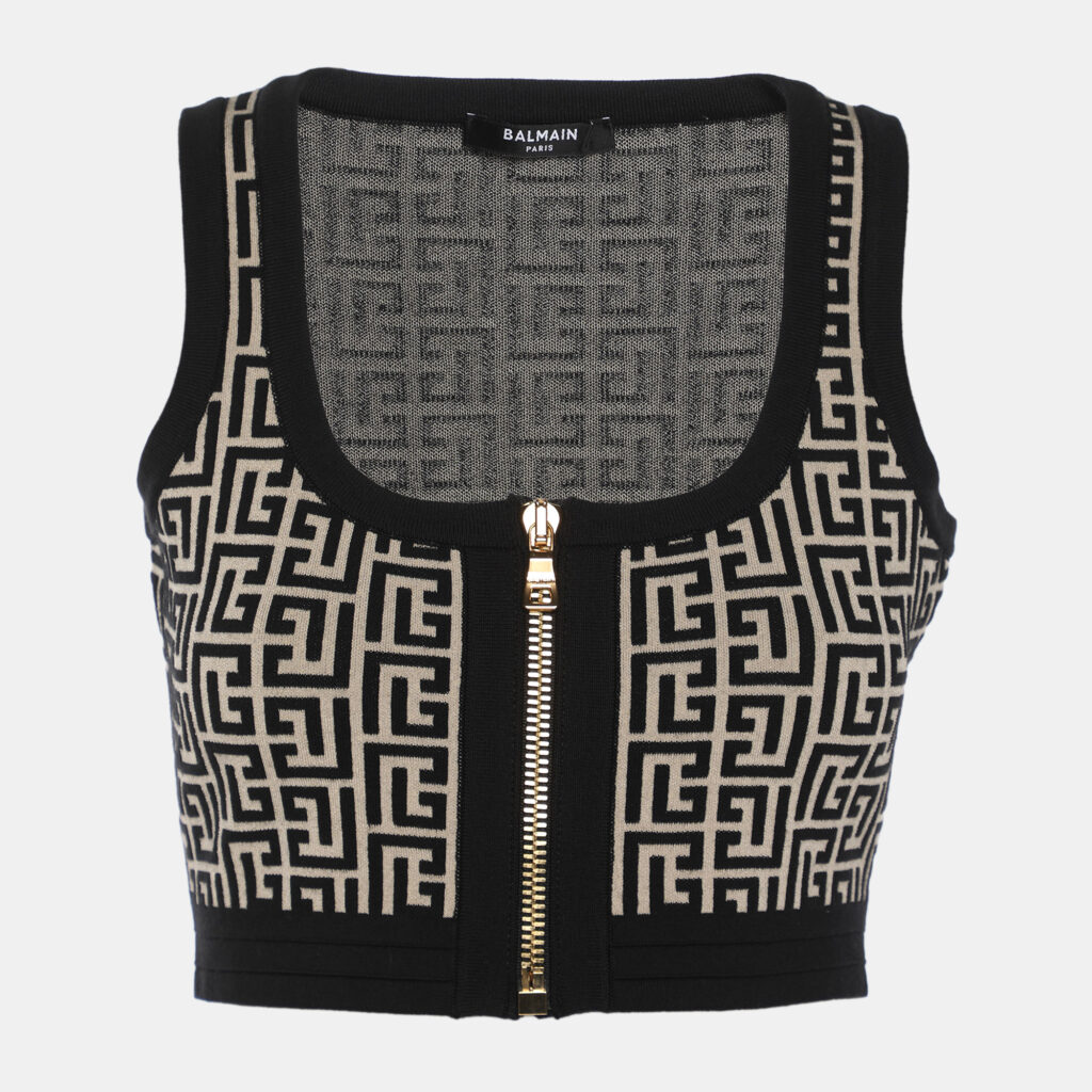 Balmain Black/Beige Wool jacquard Knit Crank Top S