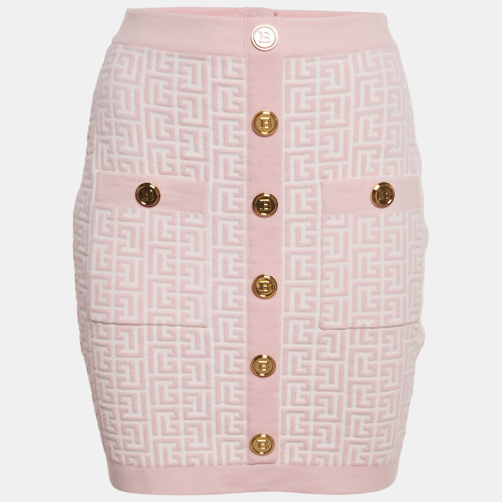 Balmain Pink Monogram Jacquard Knit Mini Skirt M