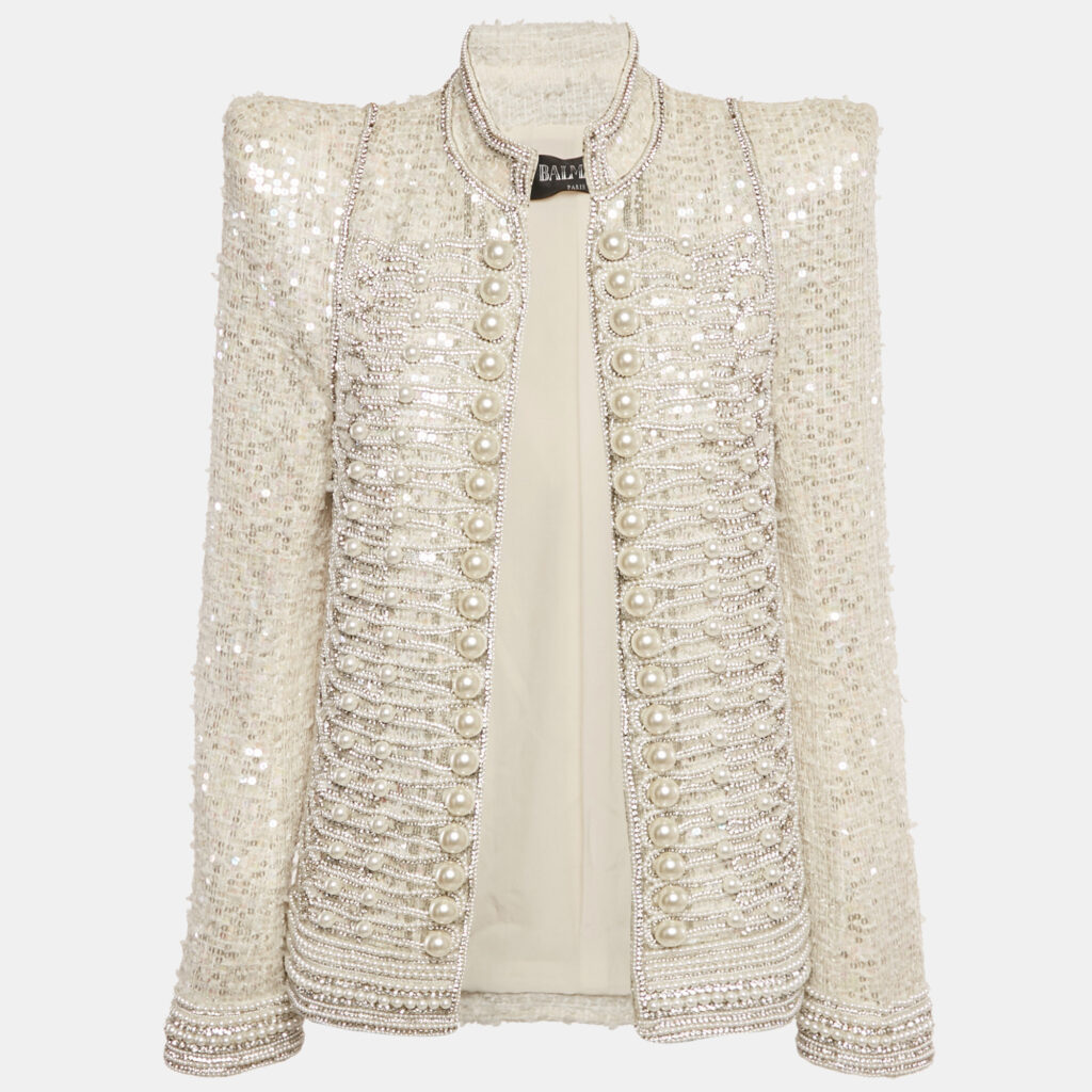 Balmain Off White Tweed Embellished Open Front Jacket M Balmain Off White Tweed Embellished Open Front Jacket M