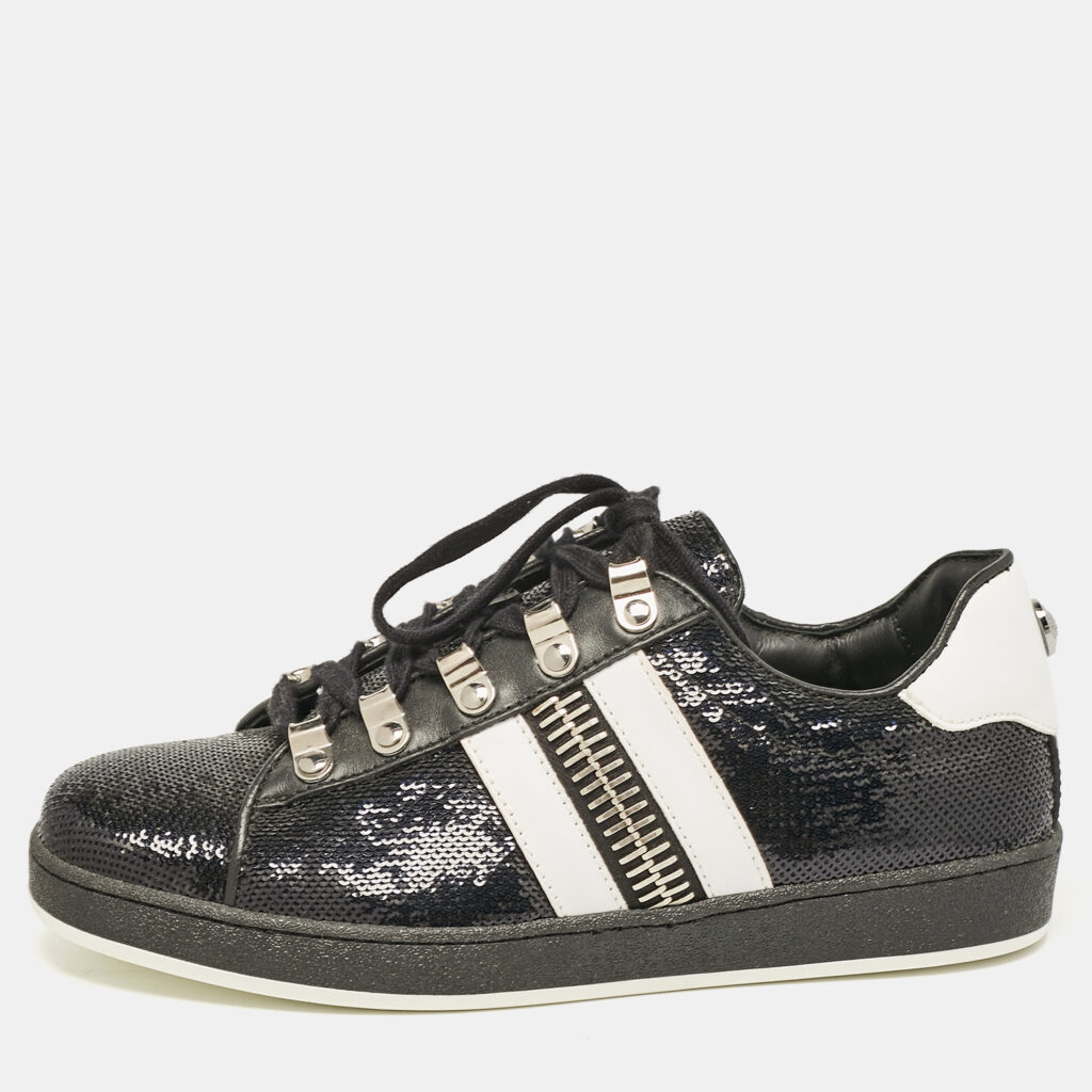 Balmain Black/White Leather and Sequins Lace Up Sneakers Size 38 Balmain Black/White Leather and Sequins Lace Up Sneakers Size 38