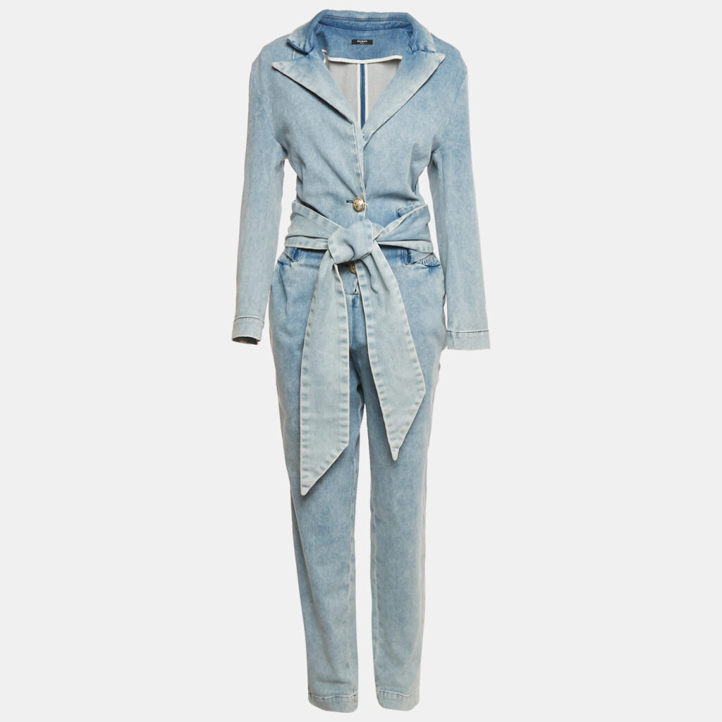 Balmain Paris Blue Denim Belted Jumpsuit L Balmain Paris Blue Denim Belted Jumpsuit L