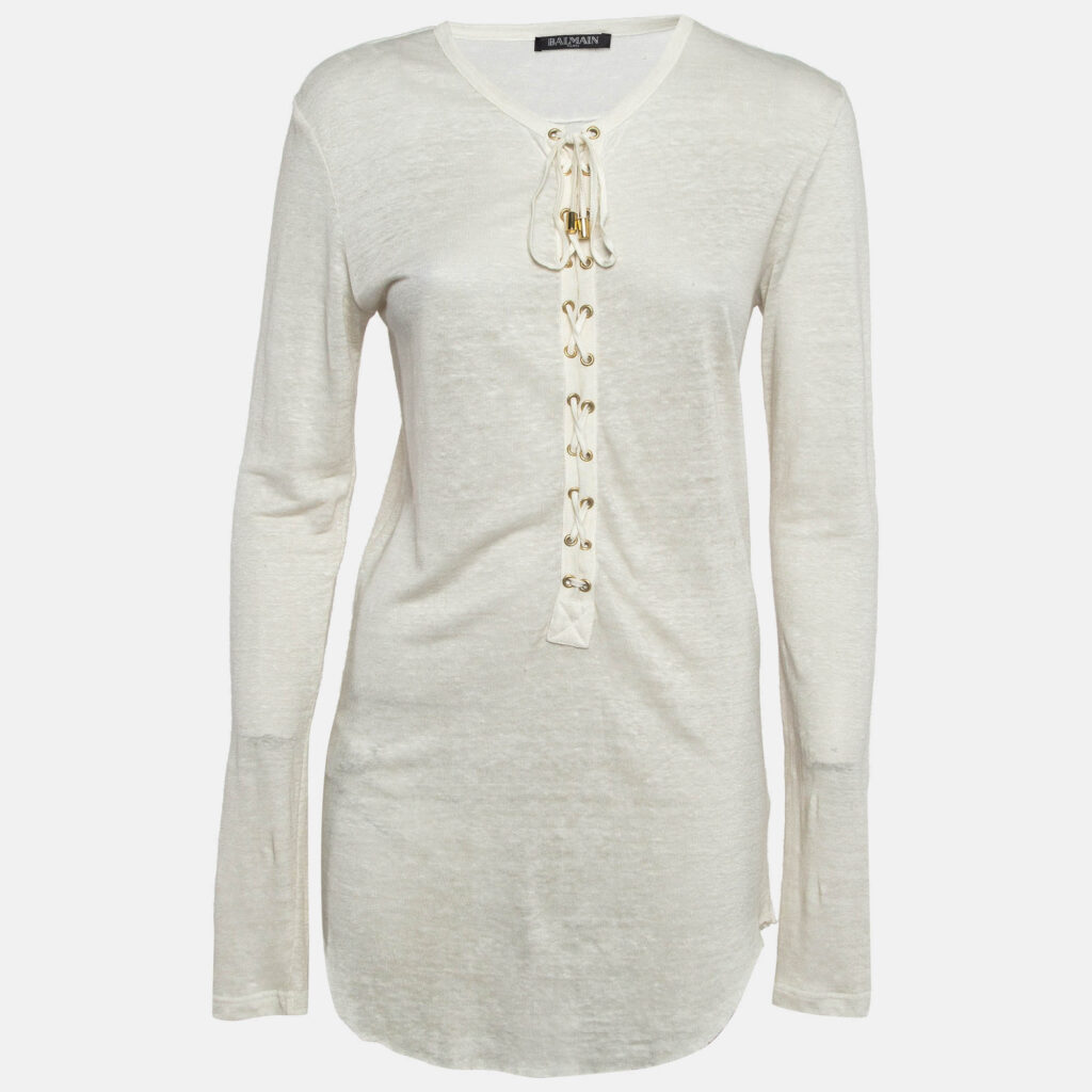 Balmain Off-White Linen Knit Lace-Up Top M