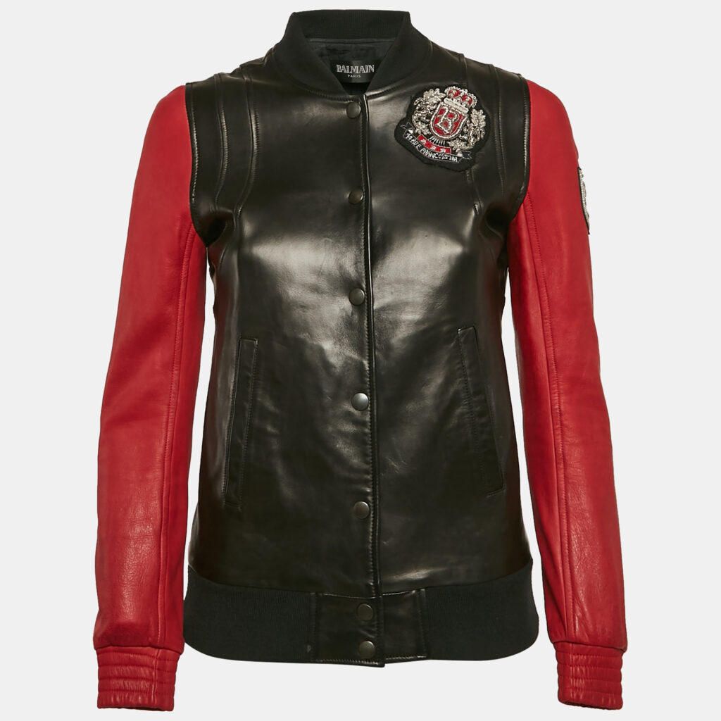 Balmain Black/Red Leather Applique Detail Bomber Jacket M Balmain Black/Red Leather Applique Detail Bomber Jacket M