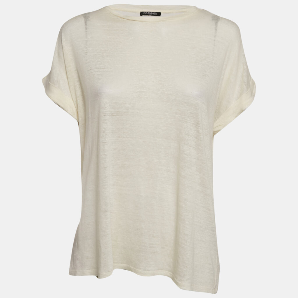 Balmain Cream Linen Knit Short Sleeve Top L Balmain Cream Linen Knit Short Sleeve Top L